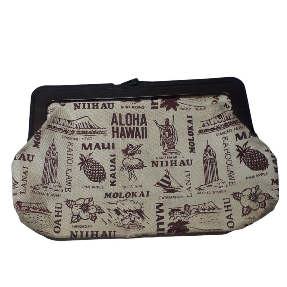 Vtg Hawaiian Kiss Latch Clutch Change Purse Island Landmarks Hula Pineapple Surf